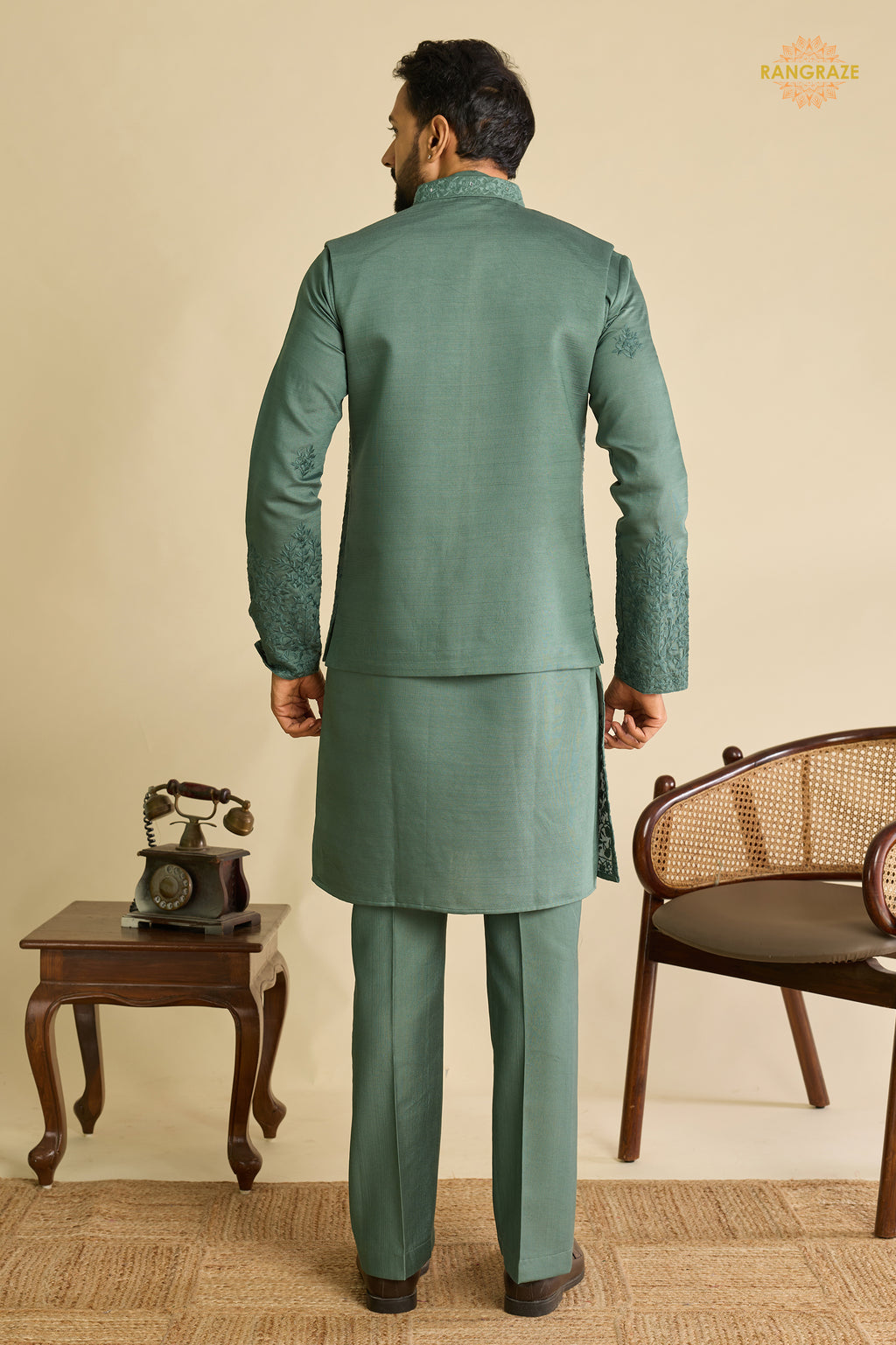 Sage Green Embroidered Art Silk Men Kurta Pajama With Jacket