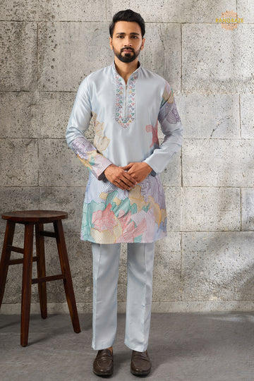Sky Blue Embroidered Silk Men Kurta Pajama