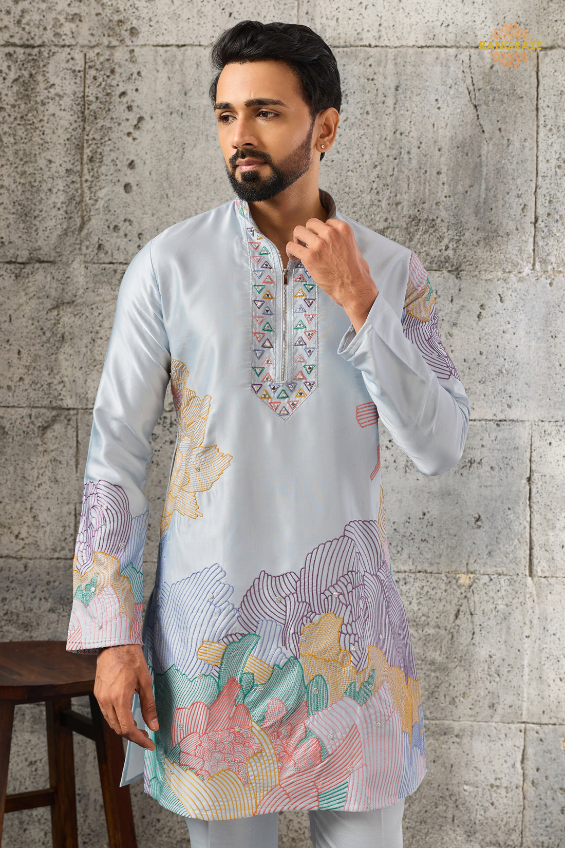 Sky Blue Embroidered Silk Men Kurta Pajama