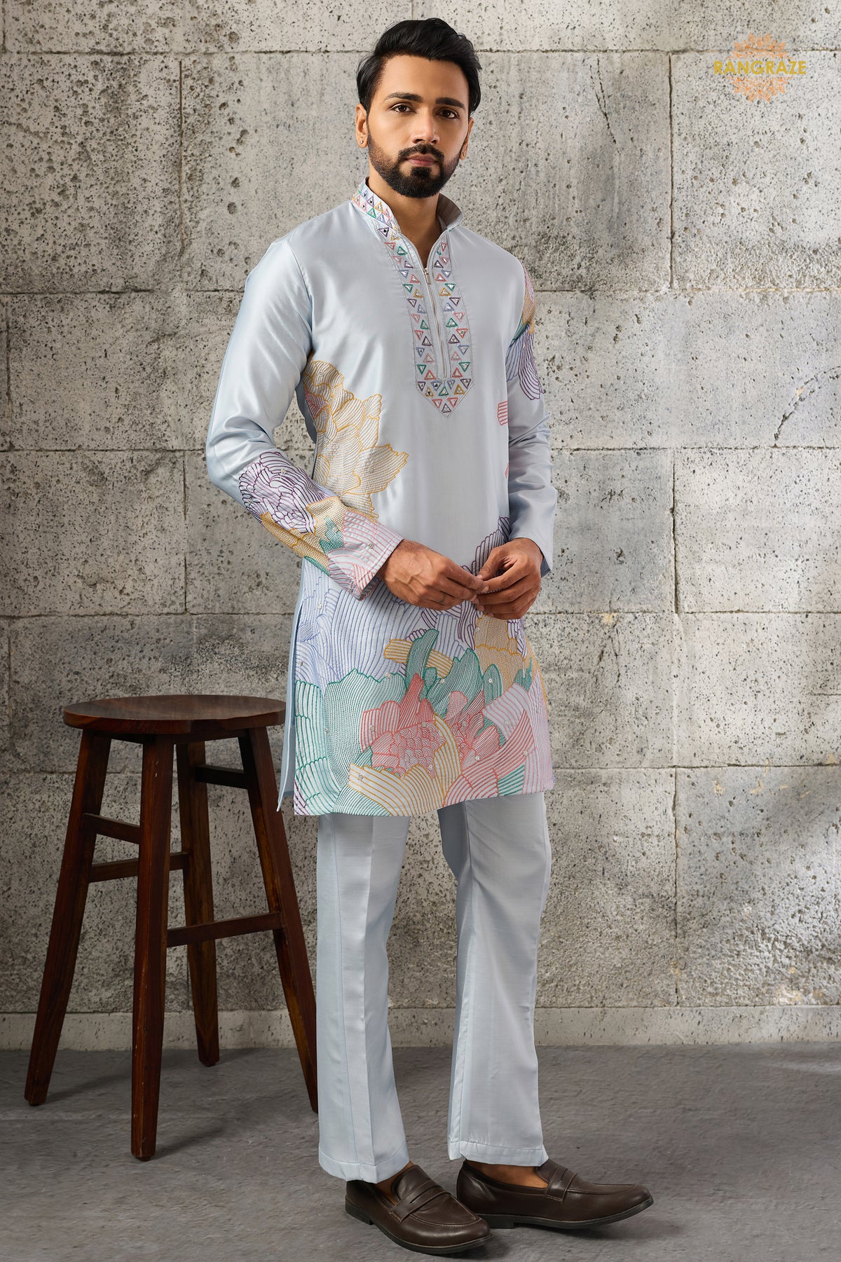 Sky Blue Embroidered Silk Men Kurta Pajama