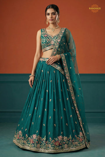 Teal Green Embroidered Semi-Stitched Georgette Lehenga Set
