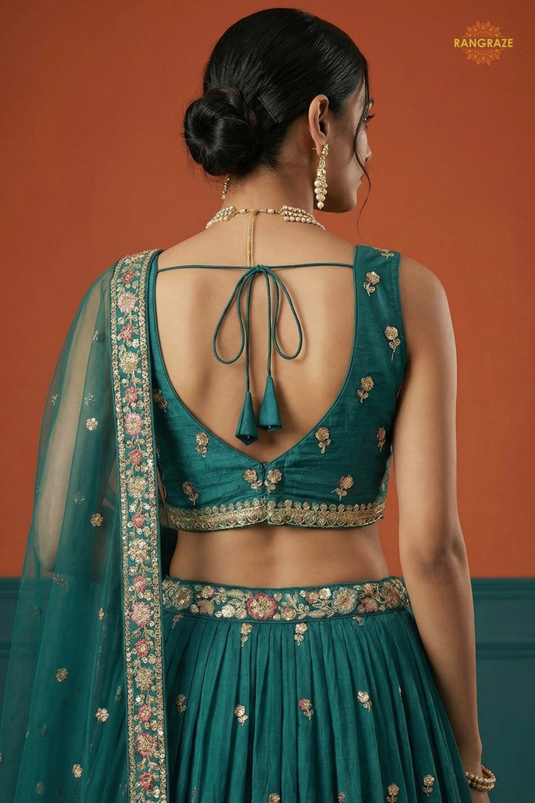 Teal Green Embroidered Semi-Stitched Georgette Lehenga Set