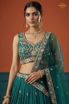 Teal Green Embroidered Semi-Stitched Georgette Lehenga Set