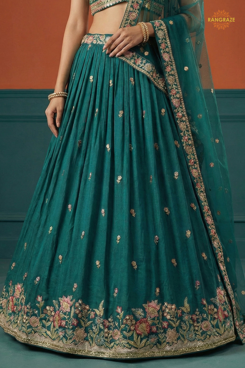 Teal Green Embroidered Semi-Stitched Georgette Lehenga Set