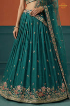 Teal Green Embroidered Semi-Stitched Georgette Lehenga Set