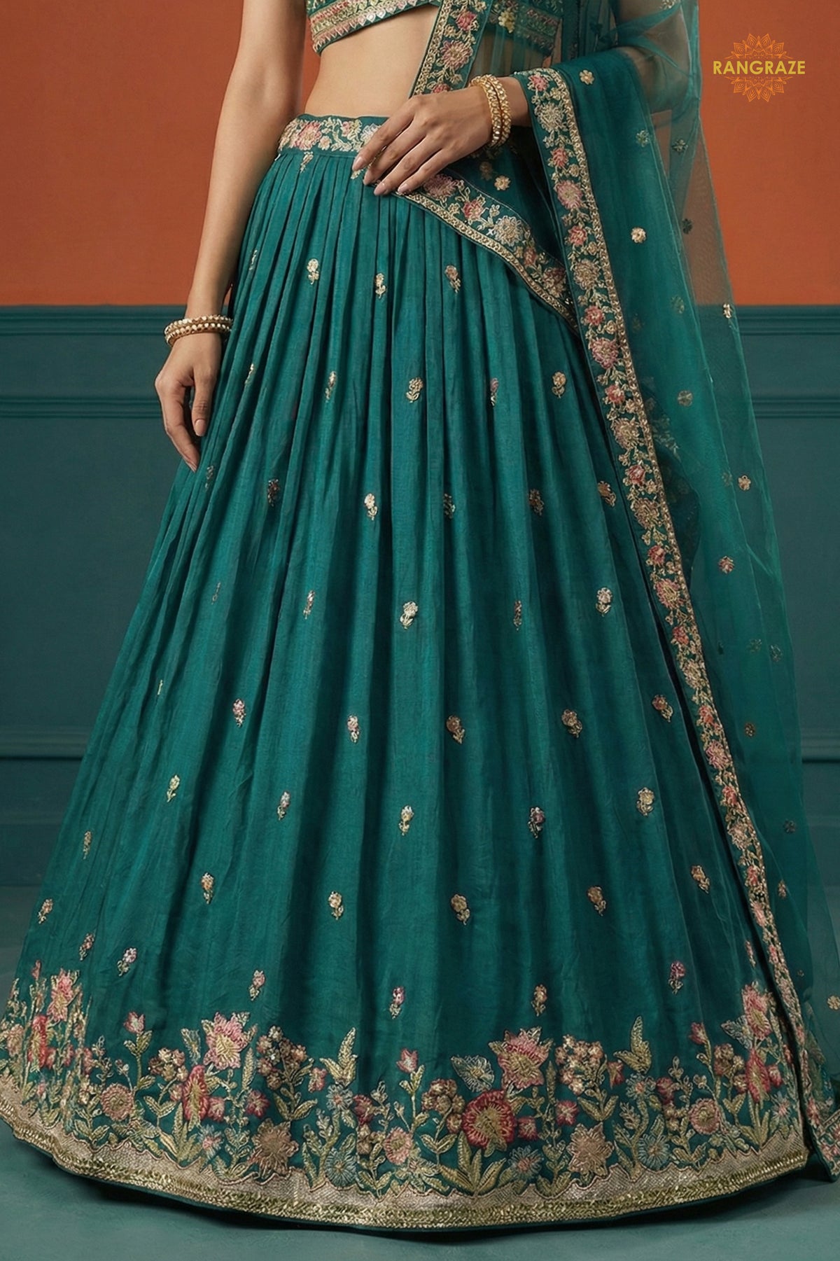 Teal Green Embroidered Semi-Stitched Georgette Lehenga Set