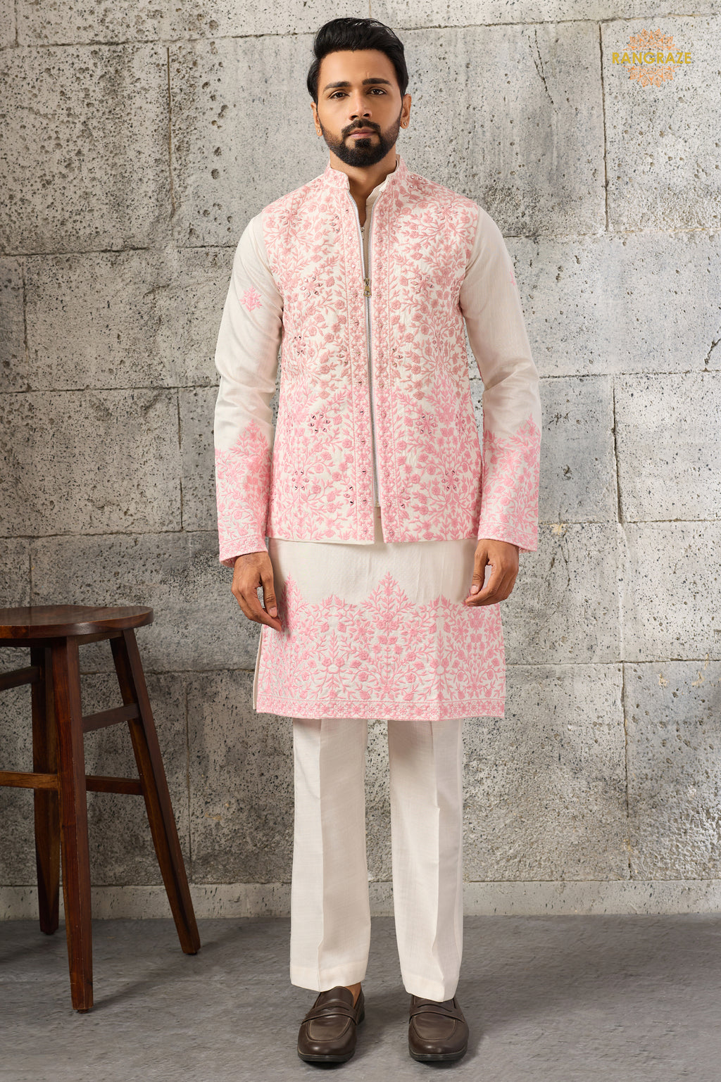 White And Pink Embroidered Art Silk Men Kurta Pajama With Jacket