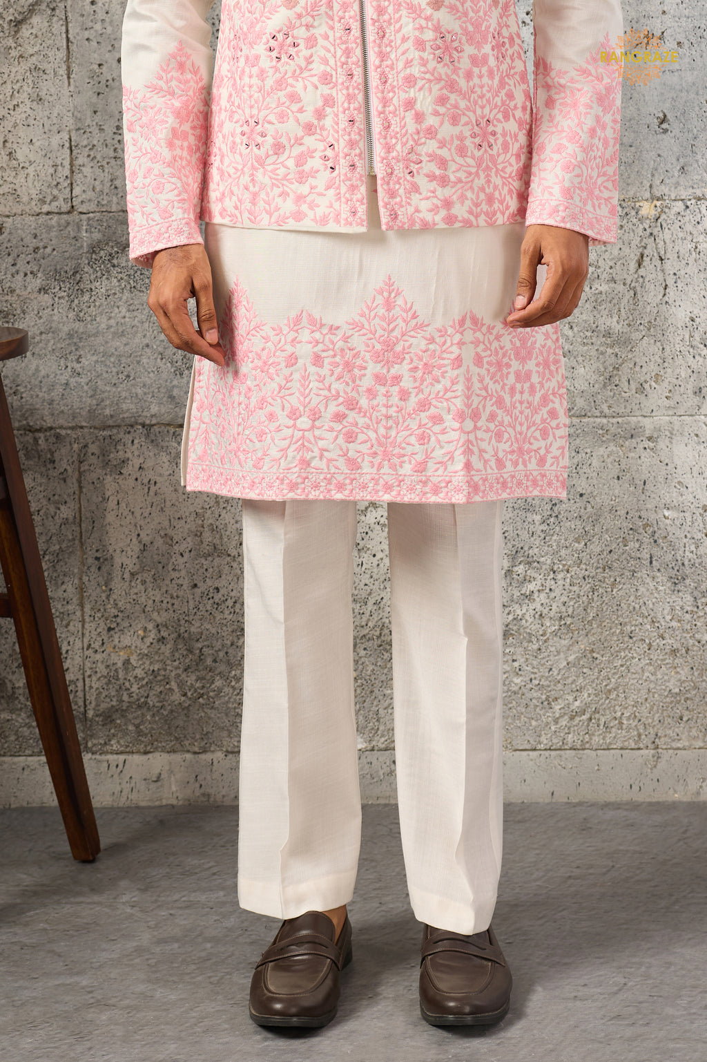 White And Pink Embroidered Art Silk Men Kurta Pajama With Jacket