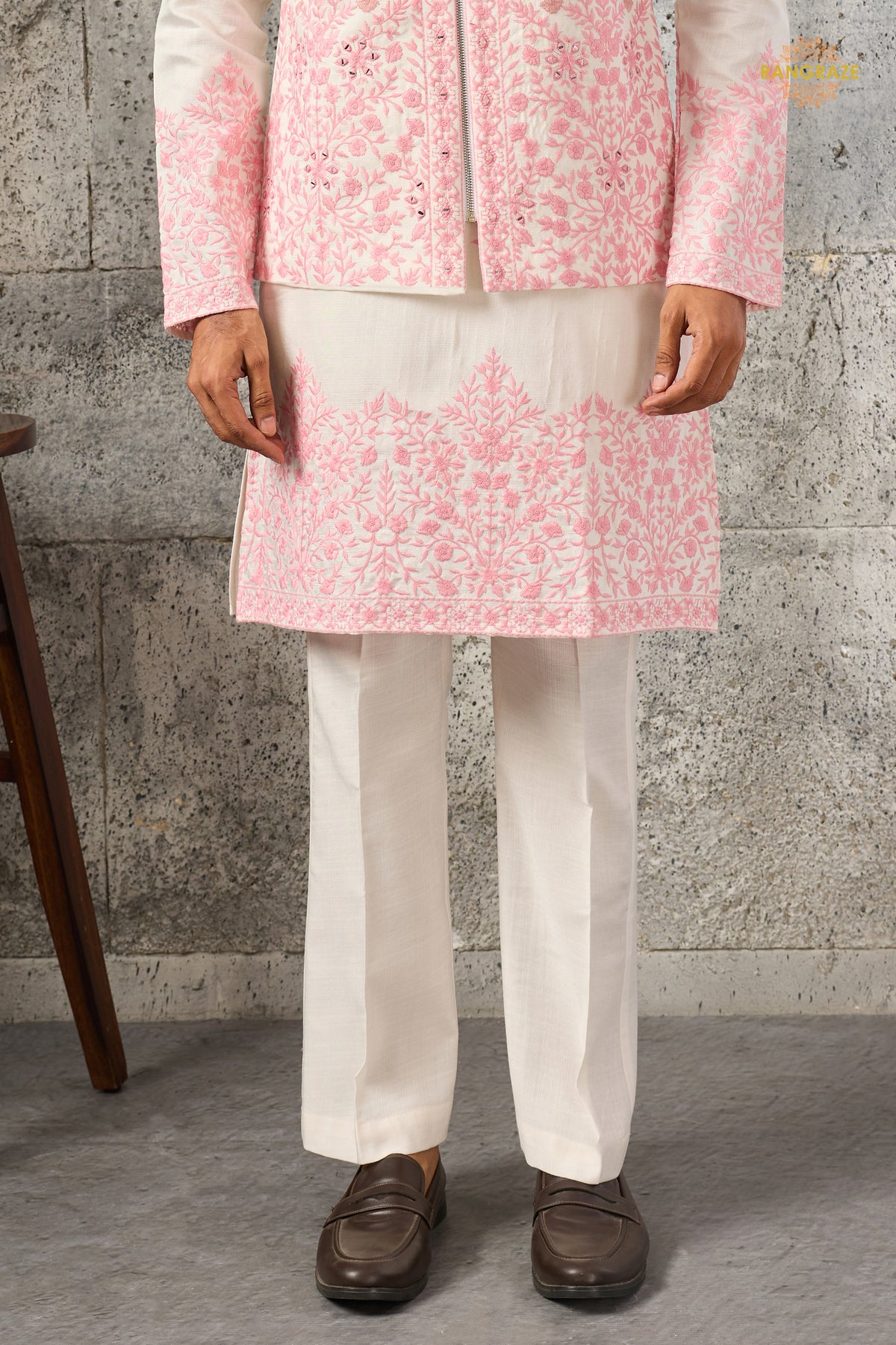 White And Pink Embroidered Art Silk Men Kurta Pajama With Jacket