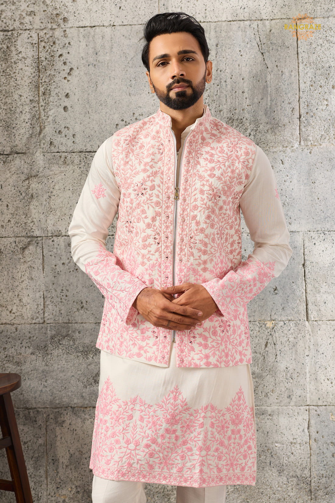 White And Pink Embroidered Art Silk Men Kurta Pajama With Jacket