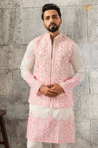 White And Pink Embroidered Art Silk Men Kurta Pajama With Jacket