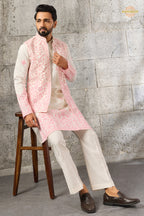 White And Pink Embroidered Art Silk Men Kurta Pajama With Jacket