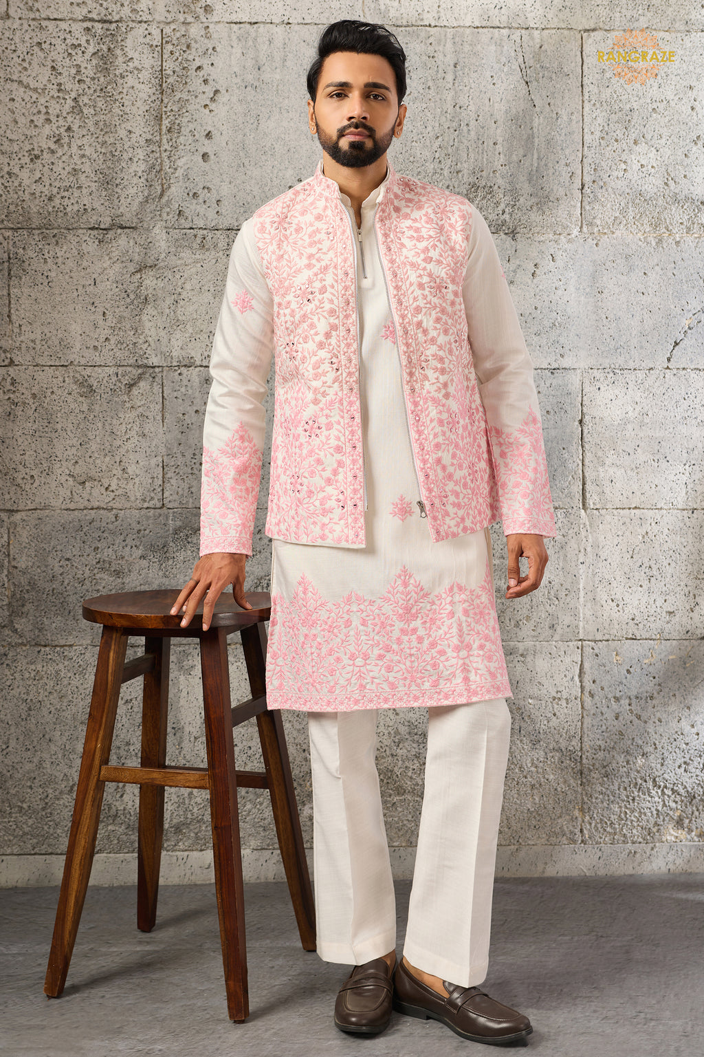 White And Pink Embroidered Art Silk Men Kurta Pajama With Jacket