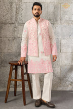 White And Pink Embroidered Art Silk Men Kurta Pajama With Jacket