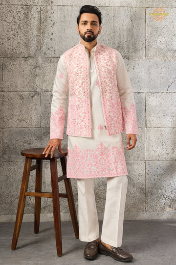 White And Pink Embroidered Art Silk Men Kurta Pajama With Jacket