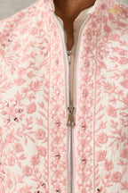 White And Pink Embroidered Art Silk Men Kurta Pajama With Jacket