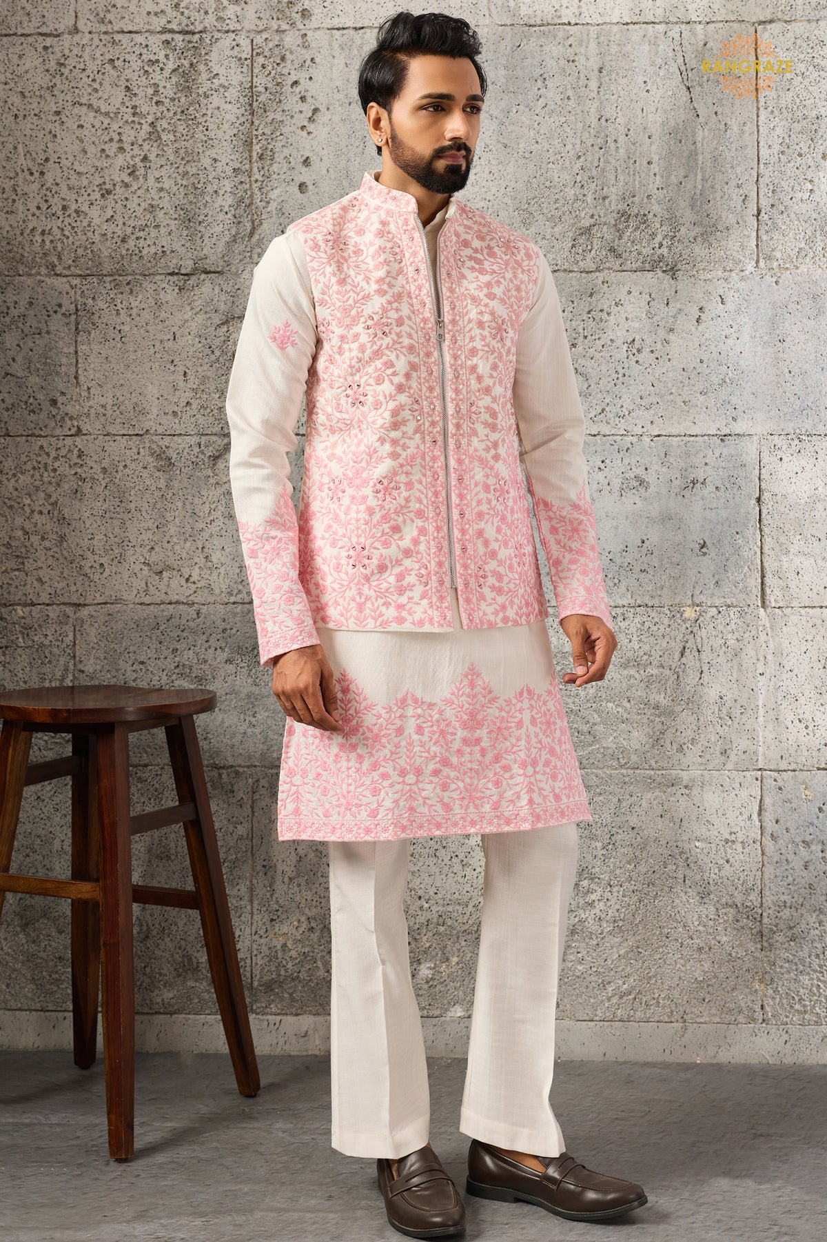 White And Pink Embroidered Art Silk Men Kurta Pajama With Jacket