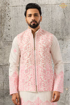 White And Pink Embroidered Art Silk Men Kurta Pajama With Jacket