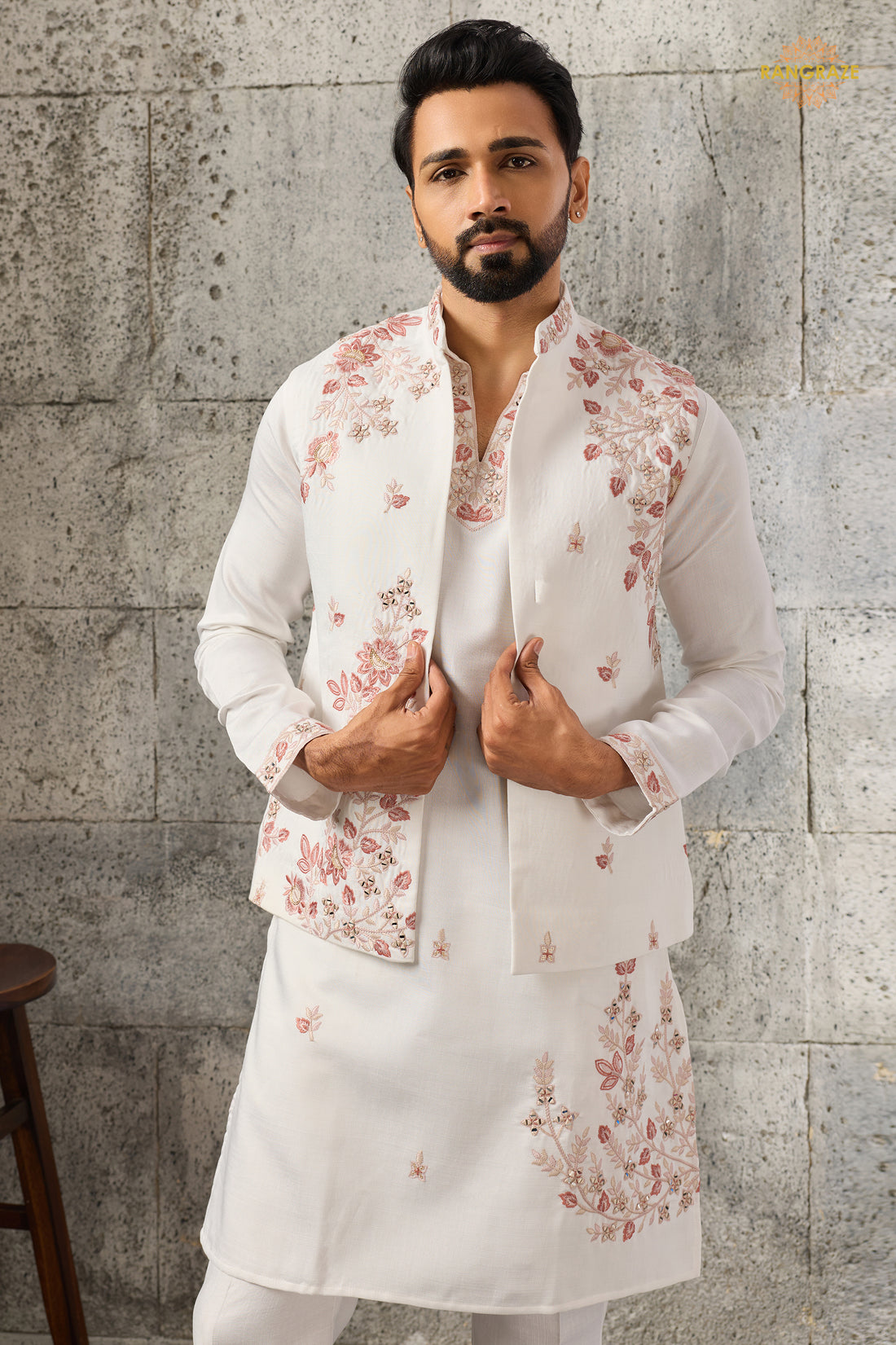White Embroidered Art Silk Men Kurta Pajama With Jacket