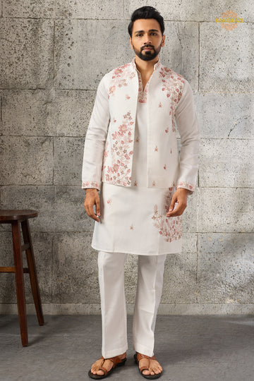 White Embroidered Art Silk Men Kurta Pajama With Jacket