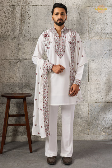 White Embroidered Japanese Men Kurta Pajama With Dupatta