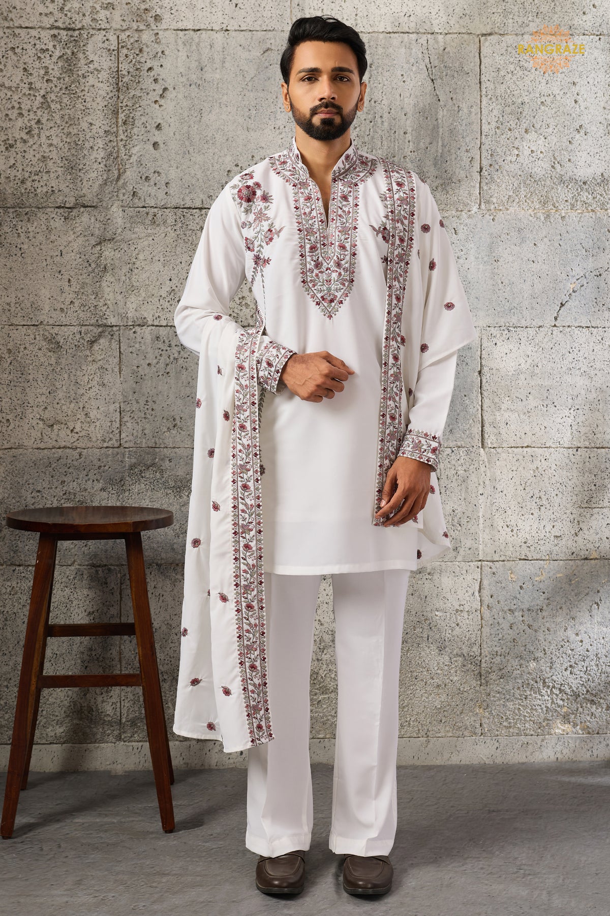 White Embroidered Japanese Men Kurta Pajama With Dupatta