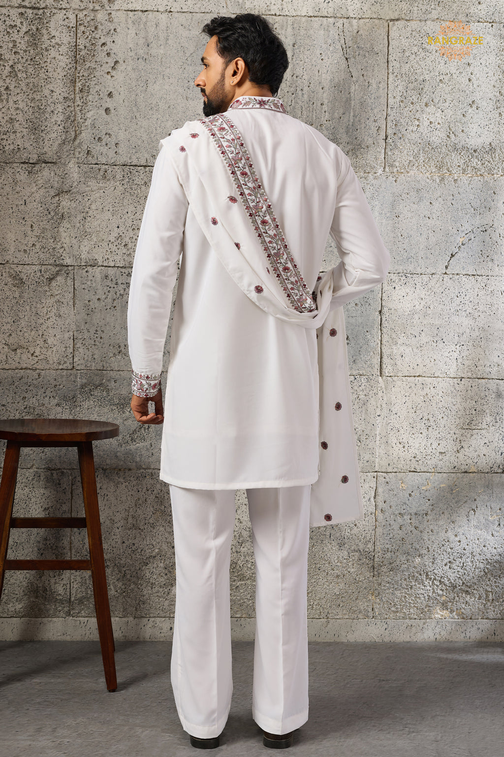 White Embroidered Japanese Men Kurta Pajama With Dupatta