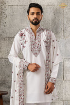 White Embroidered Japanese Men Kurta Pajama With Dupatta