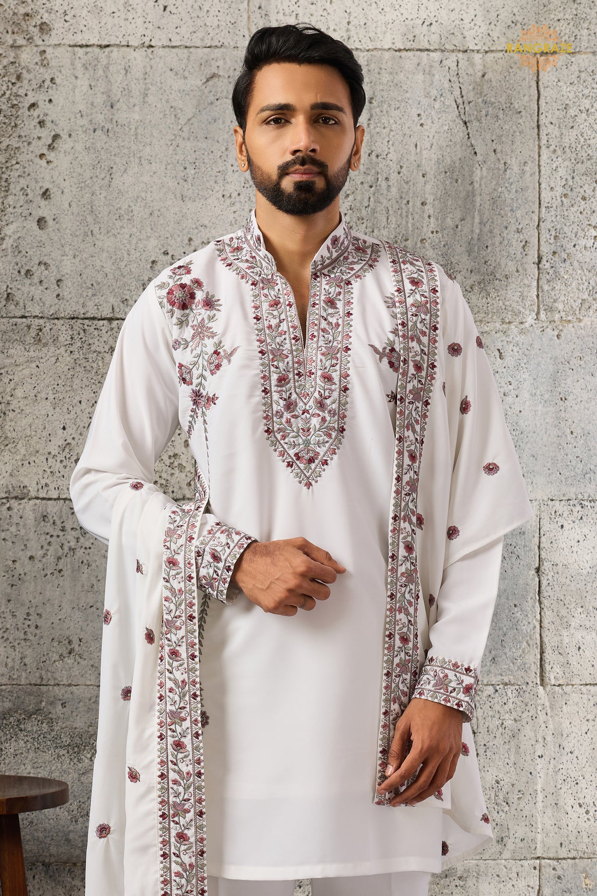 White Embroidered Japanese Men Kurta Pajama With Dupatta