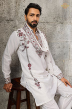 White Embroidered Japanese Men Kurta Pajama With Dupatta