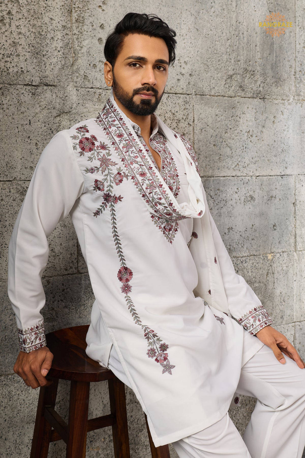 White Embroidered Japanese Men Kurta Pajama With Dupatta
