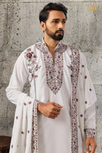 White Embroidered Japanese Men Kurta Pajama With Dupatta