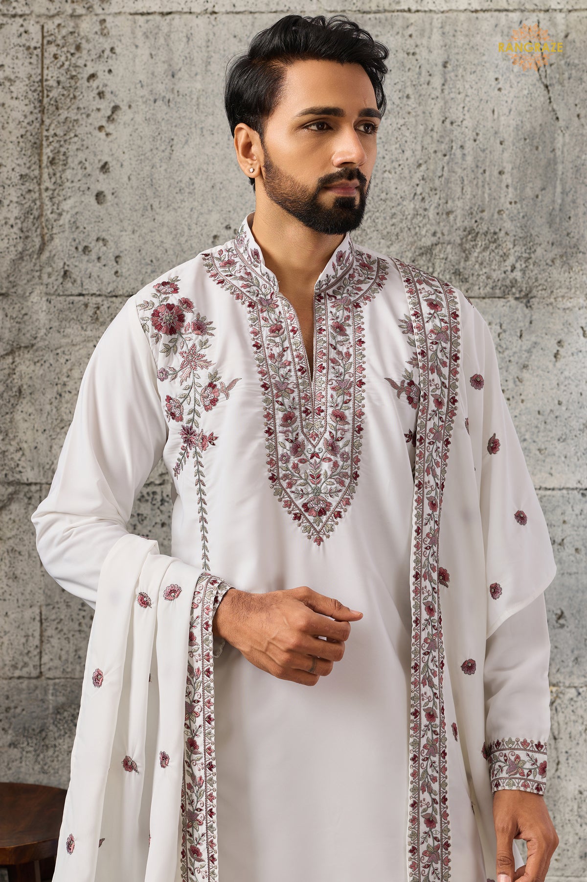 White Embroidered Japanese Men Kurta Pajama With Dupatta