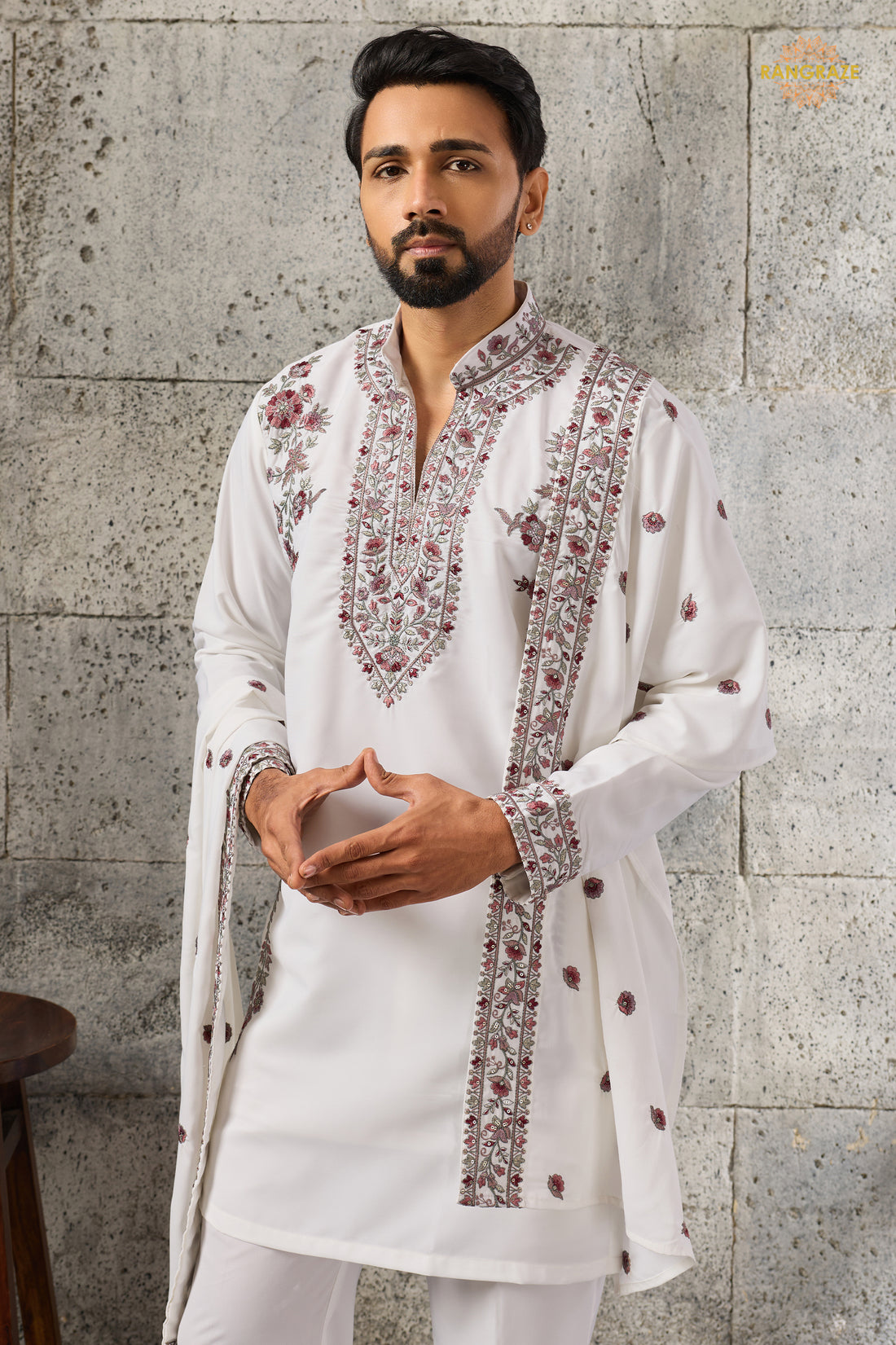 White Embroidered Japanese Men Kurta Pajama With Dupatta