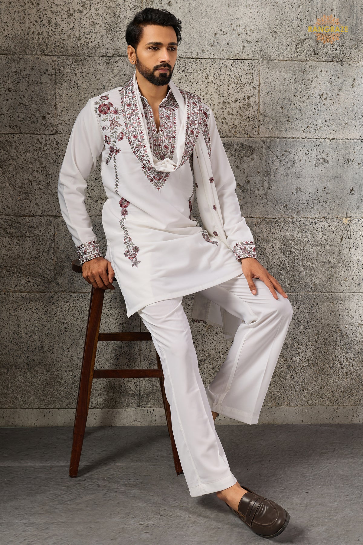 White Embroidered Japanese Men Kurta Pajama With Dupatta