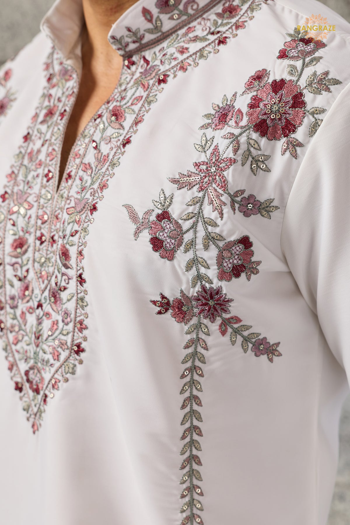 White Embroidered Japanese Men Kurta Pajama With Dupatta