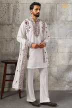 White Embroidered Japanese Men Kurta Pajama With Dupatta