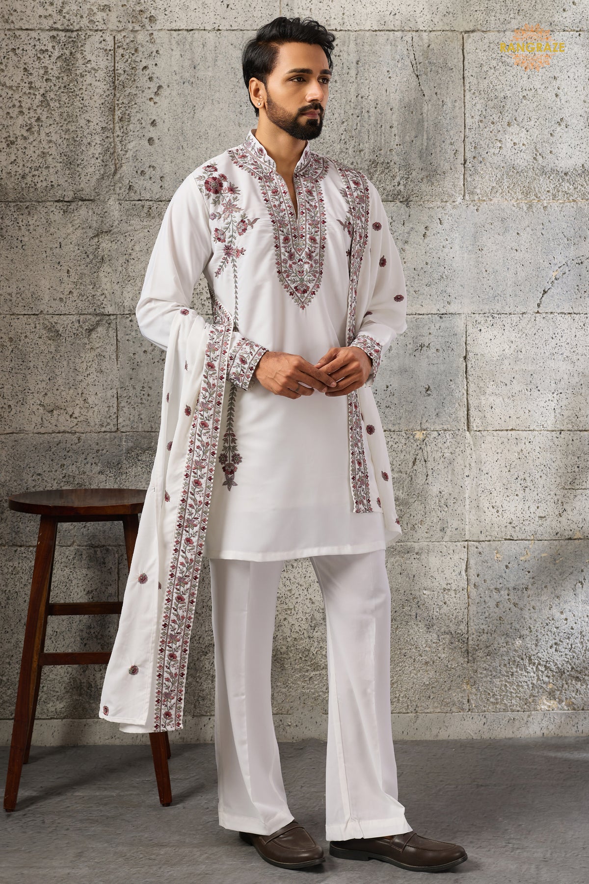 White Embroidered Japanese Men Kurta Pajama With Dupatta