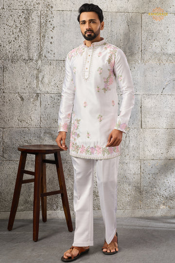 White Embroidered Silk Men Kurta Pajama