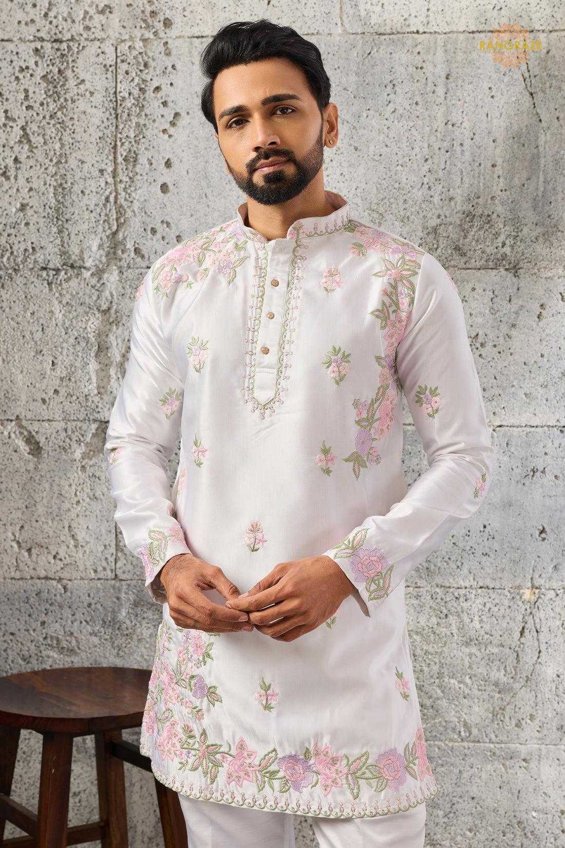 White Embroidered Silk Men Kurta Pajama