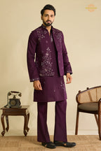 Wine Embroidered Art Silk Men Kurta Pajama With Jacket