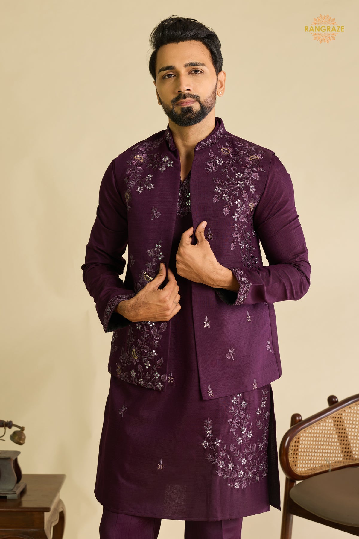 Wine Embroidered Art Silk Men Kurta Pajama With Jacket