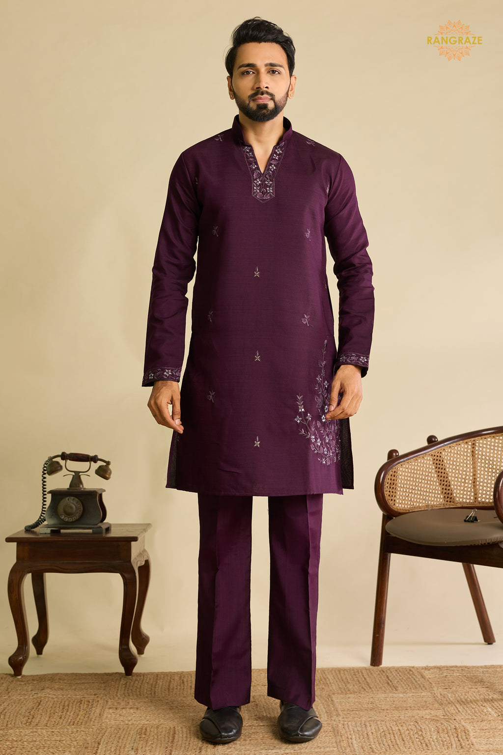 Wine Embroidered Art Silk Men Kurta Pajama With Jacket