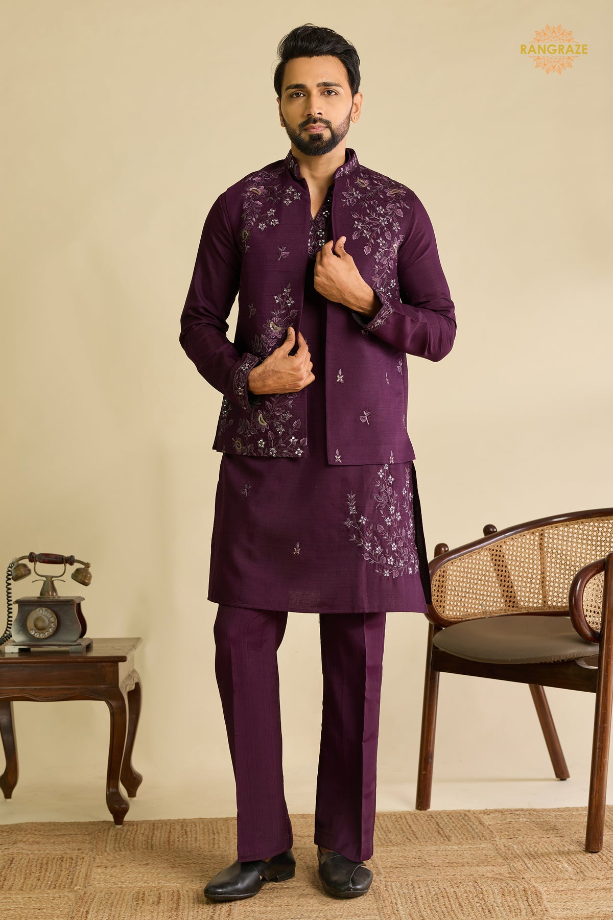 Wine Embroidered Art Silk Men Kurta Pajama With Jacket