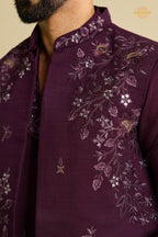 Wine Embroidered Art Silk Men Kurta Pajama With Jacket