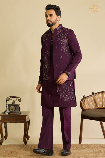 Wine Embroidered Art Silk Men Kurta Pajama With Jacket