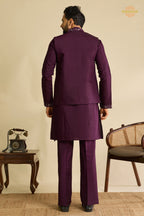 Wine Embroidered Art Silk Men Kurta Pajama With Jacket