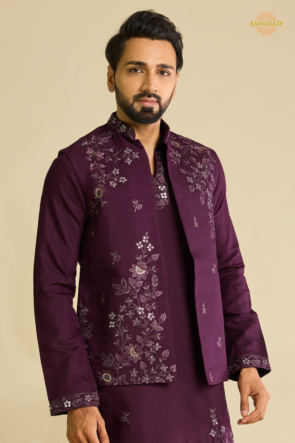 Wine Embroidered Art Silk Men Kurta Pajama With Jacket
