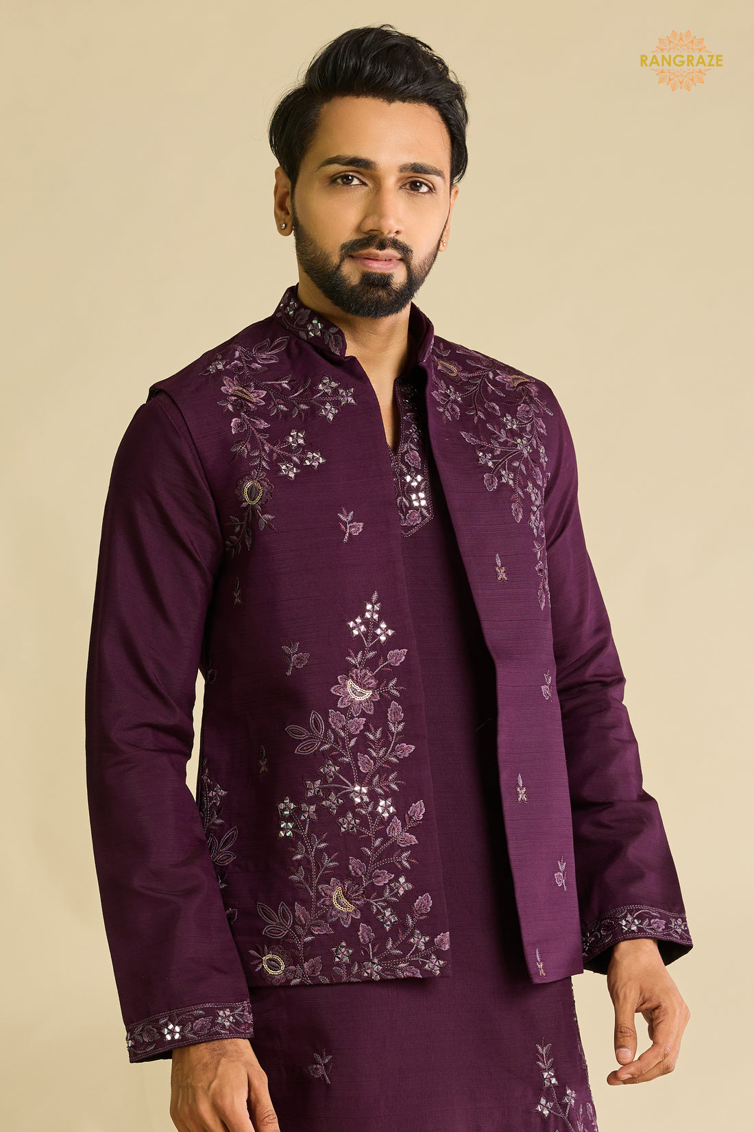 Wine Embroidered Art Silk Men Kurta Pajama With Jacket