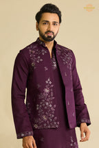 Wine Embroidered Art Silk Men Kurta Pajama With Jacket